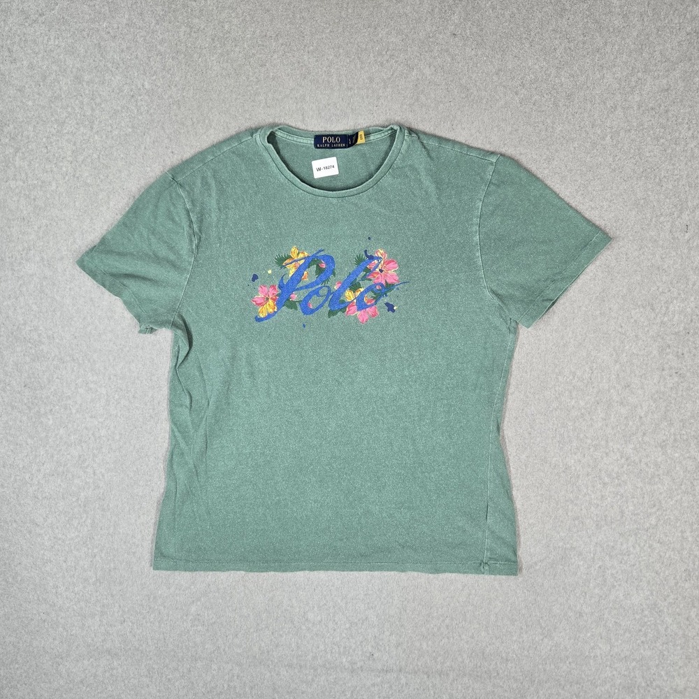 Polo Ralph Lauren Men Shirt L Green Graphic Crew Neck Pullover Short Sleeve